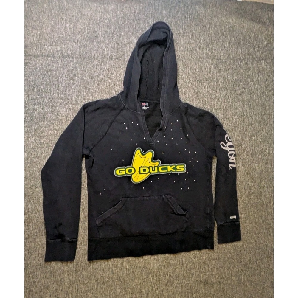 Vtg Oregon Ducks NCAA Women's Hoodie Large Black Rhinestone V Neck Sweatshirt